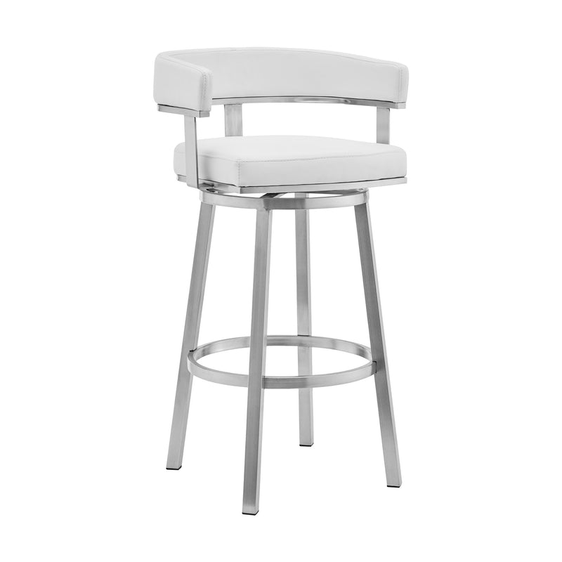 Lorin 30" White Faux Leather and Brushed Stainless Steel Swivel Bar Stool - Furniture City (CA)l
