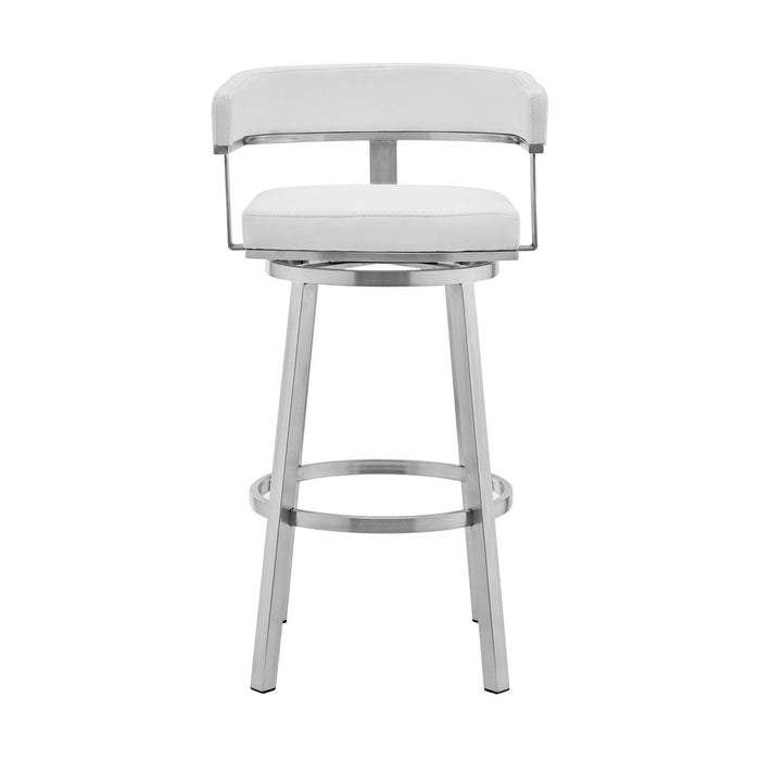 Lorin 30" White Faux Leather and Brushed Stainless Steel Swivel Bar Stool