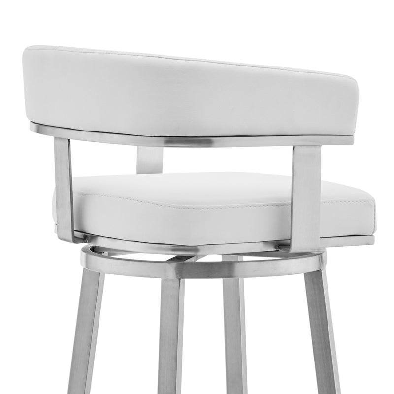Lorin 30" White Faux Leather and Brushed Stainless Steel Swivel Bar Stool - Furniture City (CA)l