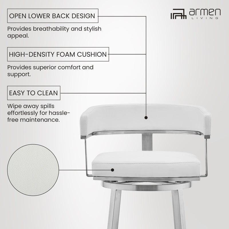 Lorin 30" White Faux Leather and Brushed Stainless Steel Swivel Bar Stool - Furniture City (CA)l