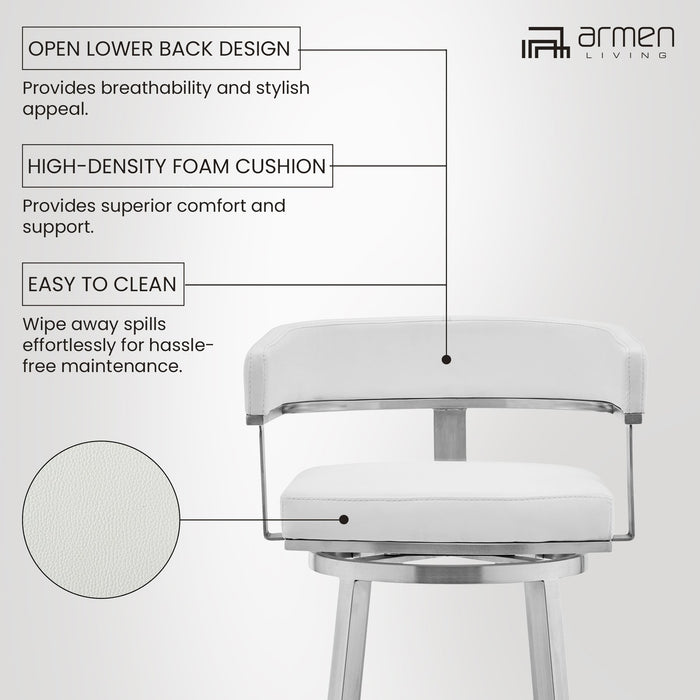 Lorin 30" White Faux Leather and Brushed Stainless Steel Swivel Bar Stool