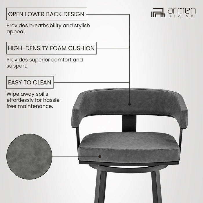 Lorin 26" Counter Height Swivel Bar Stool in Black Finish and Gray Faux Leather