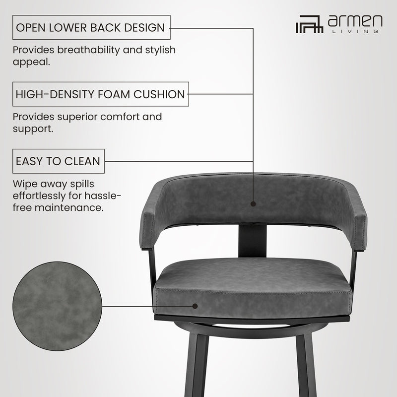 Lorin 30" Bar Height Swivel Bar Stool in Black Finish and Gray Faux Leather - Furniture City (CA)l