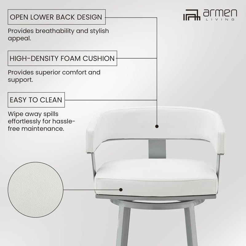 Lorin 30" Bar Height Swivel Bar Stool in Silver Finish with White Faux Leather - Furniture City (CA)l