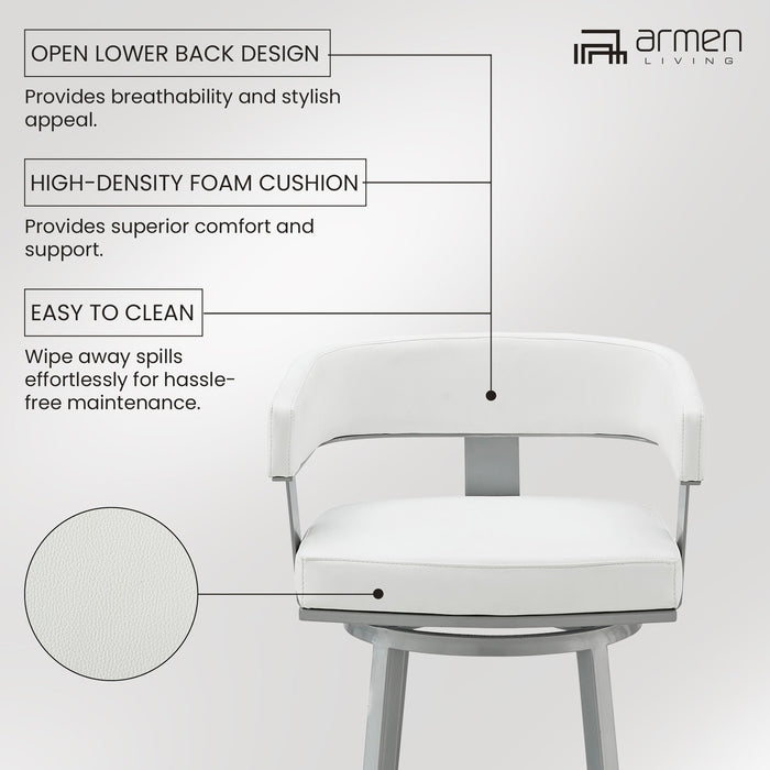 Lorin 30" Bar Height Swivel Bar Stool in Silver Finish with White Faux Leather