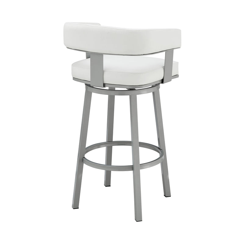 Lorin 30" Bar Height Swivel Bar Stool in Silver Finish with White Faux Leather - Furniture City (CA)l