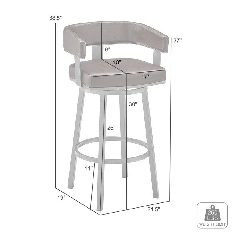 Lorin 30" Bar Height Swivel Bar Stool in Silver Finish with White Faux Leather - Furniture City (CA)l