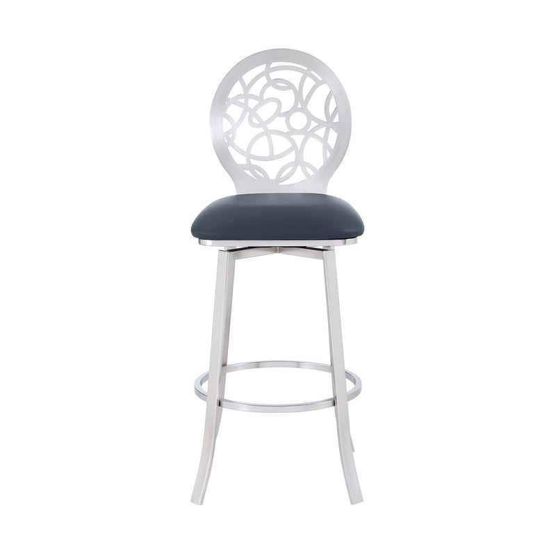 Lotus Contemporary 30" Bar Height Barstool in Brushed Stainless Steel Finish and Gray Faux Leather - Furniture City (CA)l