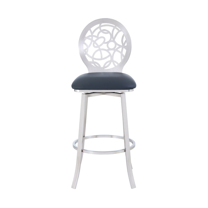 Lotus Contemporary 30" Bar Height Barstool in Brushed Stainless Steel Finish and Gray Faux Leather
