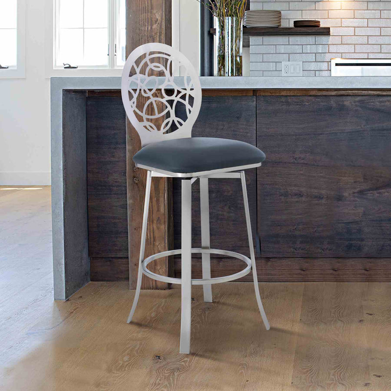 Lotus Contemporary 30" Bar Height Barstool in Brushed Stainless Steel Finish and Gray Faux Leather - Furniture City (CA)l