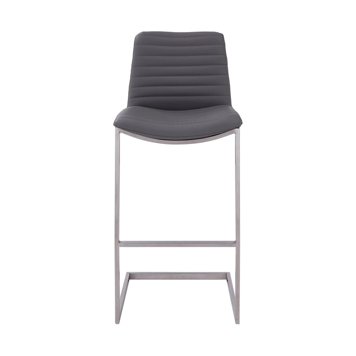 Lucas Contemporary 26" Counter Height Barstool in Brushed Stainless Steel Finish and Gray Faux Leather