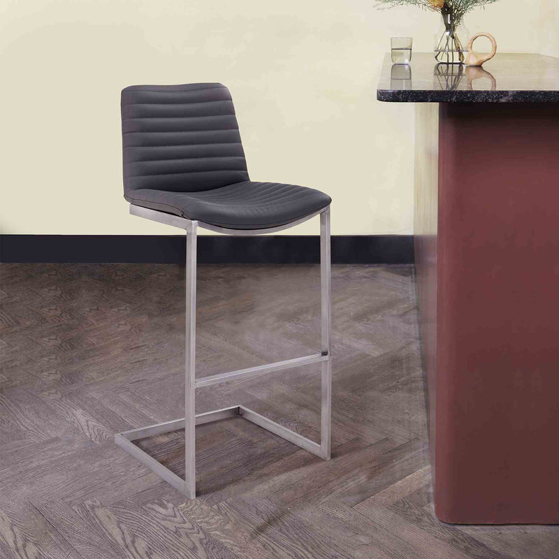 Lucas Contemporary 30" Bar Height Barstool in Brushed Stainless Steel Finish and Gray Faux Leather - Furniture City (CA)l