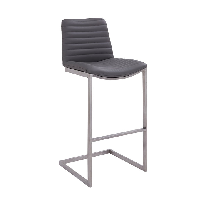Lucas Contemporary 30" Bar Height Barstool in Brushed Stainless Steel Finish and Gray Faux Leather