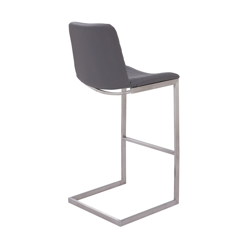 Lucas Contemporary 30" Bar Height Barstool in Brushed Stainless Steel Finish and Gray Faux Leather - Furniture City (CA)l