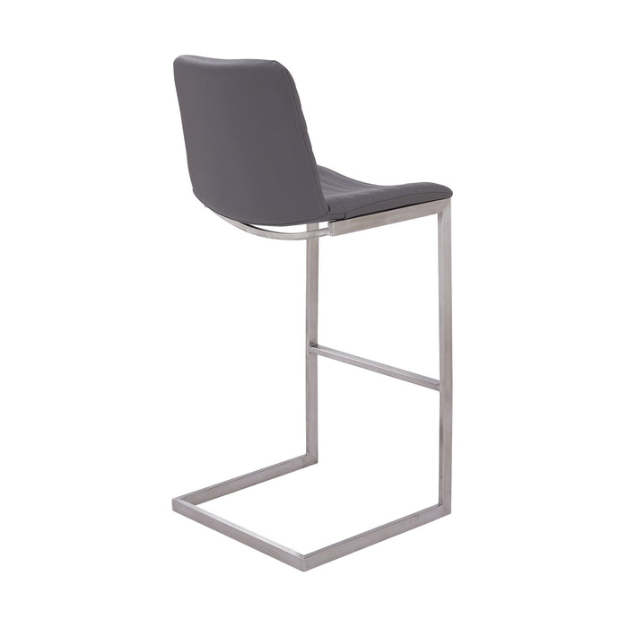 Lucas Contemporary 30" Bar Height Barstool in Brushed Stainless Steel Finish and Gray Faux Leather