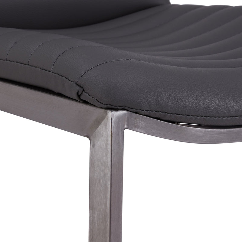 Lucas Contemporary 30" Bar Height Barstool in Brushed Stainless Steel Finish and Gray Faux Leather - Furniture City (CA)l