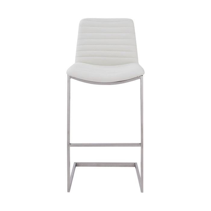 Lucas Contemporary 26" Counter Height Barstool in Brushed Stainless Steel Finish and White Faux Leather