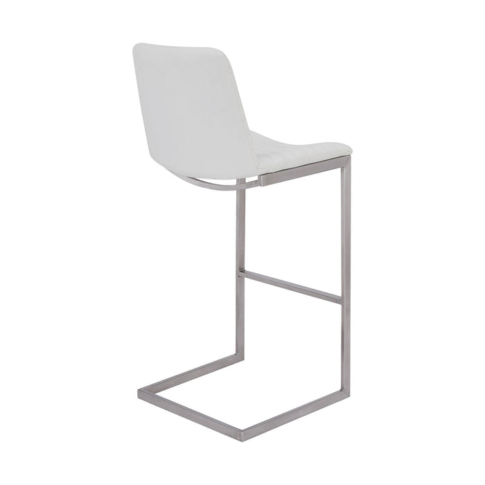 Lucas Contemporary 26" Counter Height Barstool in Brushed Stainless Steel Finish and White Faux Leather