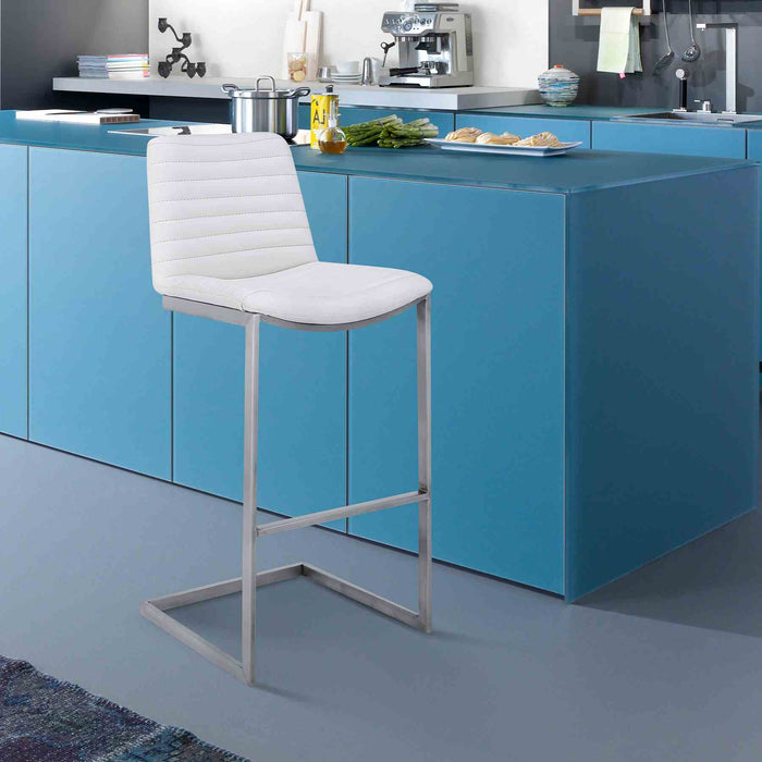 Lucas Contemporary 30" Bar Height Barstool in Brushed Stainless Steel Finish and White Faux Leather