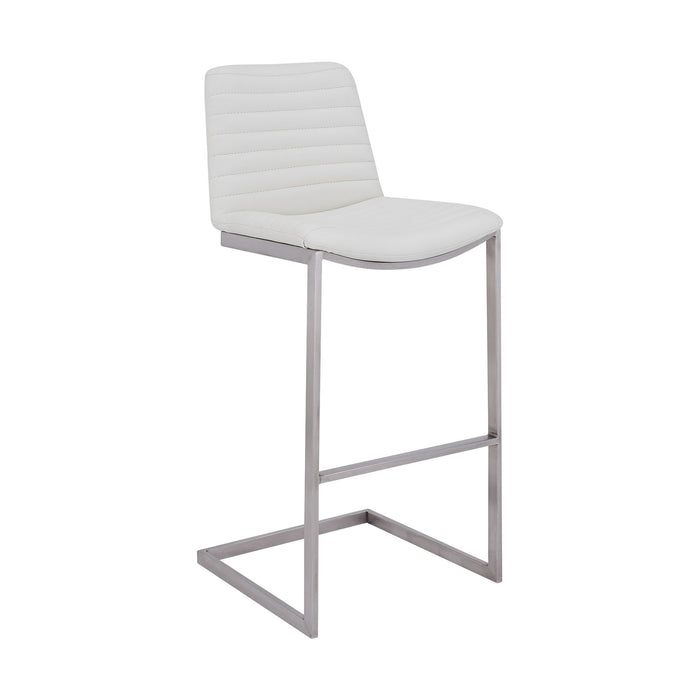 Lucas Contemporary 30" Bar Height Barstool in Brushed Stainless Steel Finish and White Faux Leather