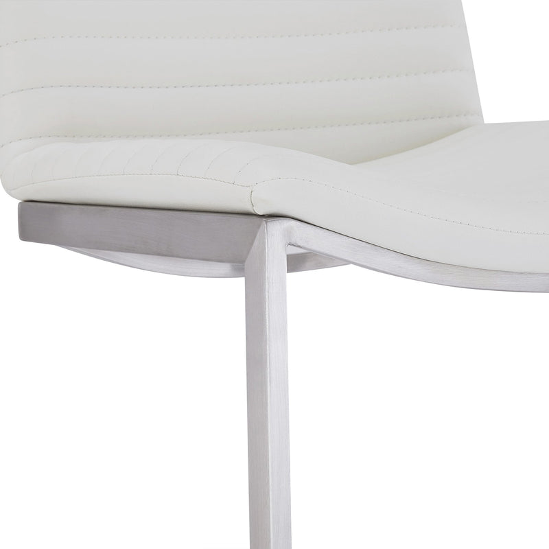 Lucas Contemporary 30" Bar Height Barstool in Brushed Stainless Steel Finish and White Faux Leather - Furniture City (CA)l