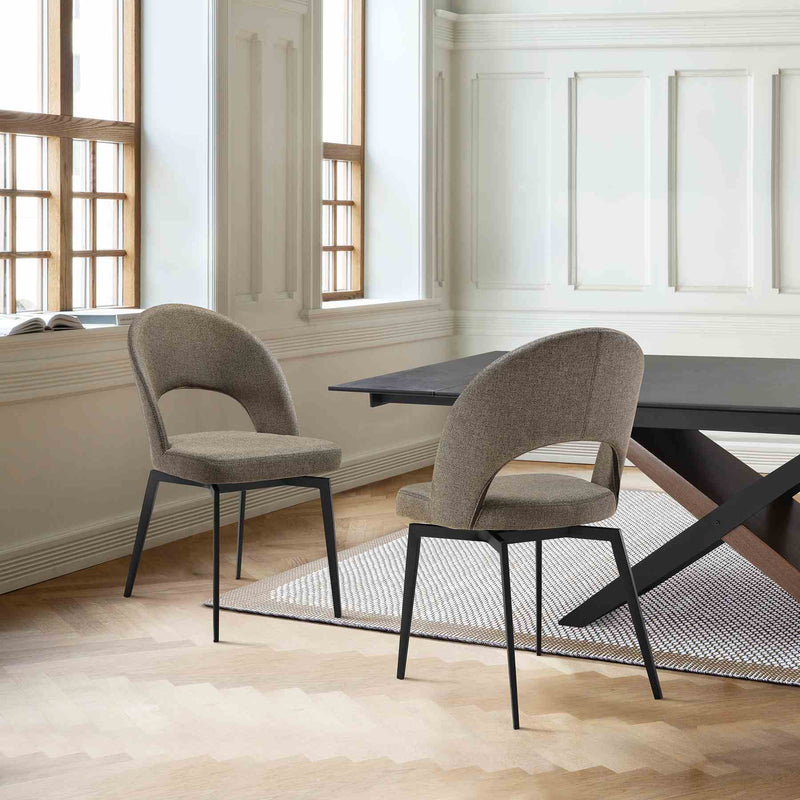 Lucia Swivel Upholstered Dining Chair in Brown Fabric with Black Metal Legs - Set of 2 - Furniture City (CA)l