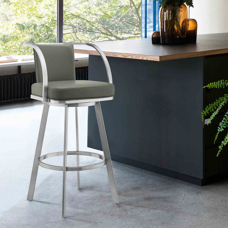 Livingston 30" Gray Faux Leather and Brushed Stainless Steel Swivel Bar Stool - Furniture City (CA)l