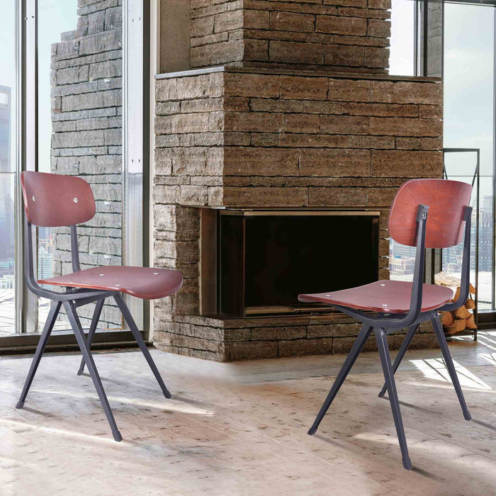 Levi Industrial Dining Chair in Black Metal with Wood Seat and Back - Set of 2