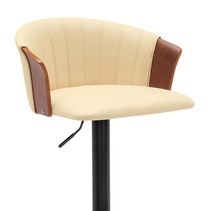 Lydia Adjustable Walnut Wood Bar Stool in Cream Faux Leather with Black Metal - Furniture City (CA)l
