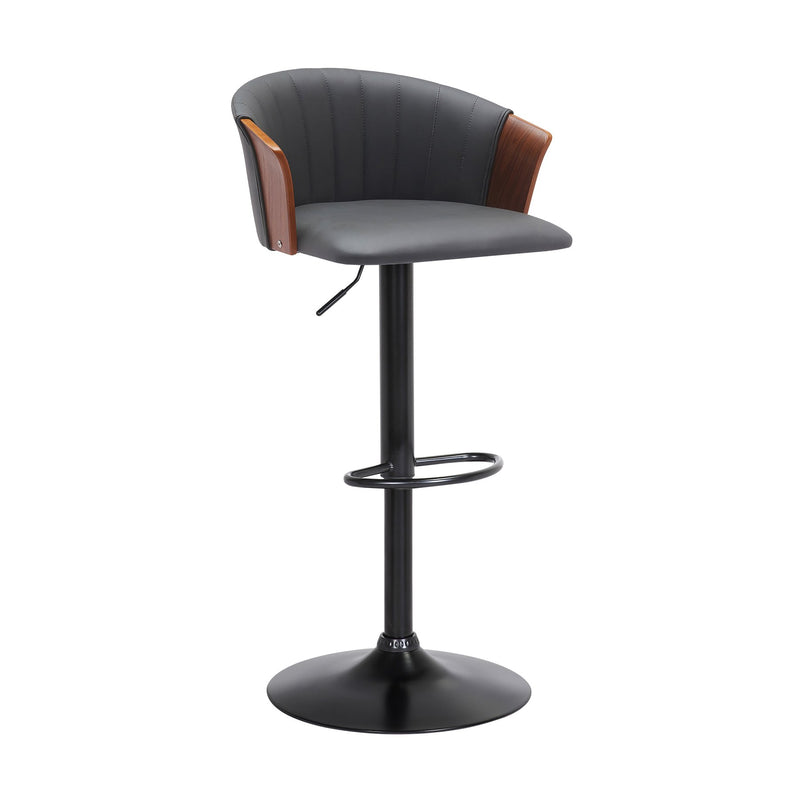 Lydia Adjustable Walnut Wood Bar Stool in Gray Faux Leather with Black Metal - Furniture City (CA)l