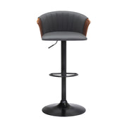 Lydia Adjustable Walnut Wood Bar Stool in Gray Faux Leather with Black Metal - Furniture City (CA)l