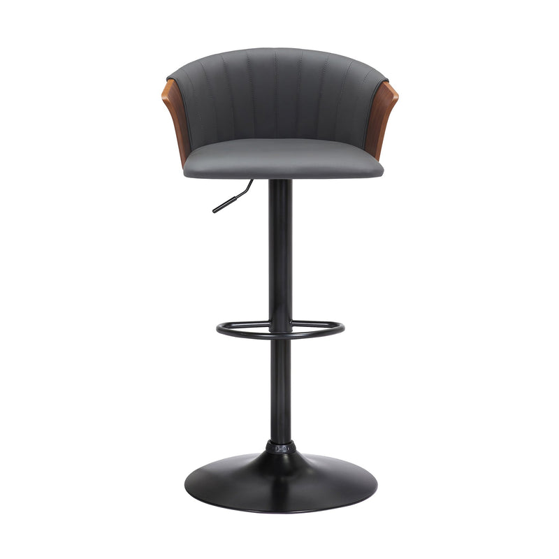 Lydia Adjustable Walnut Wood Bar Stool in Gray Faux Leather with Black Metal - Furniture City (CA)l