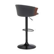 Lydia Adjustable Walnut Wood Bar Stool in Gray Faux Leather with Black Metal - Furniture City (CA)l