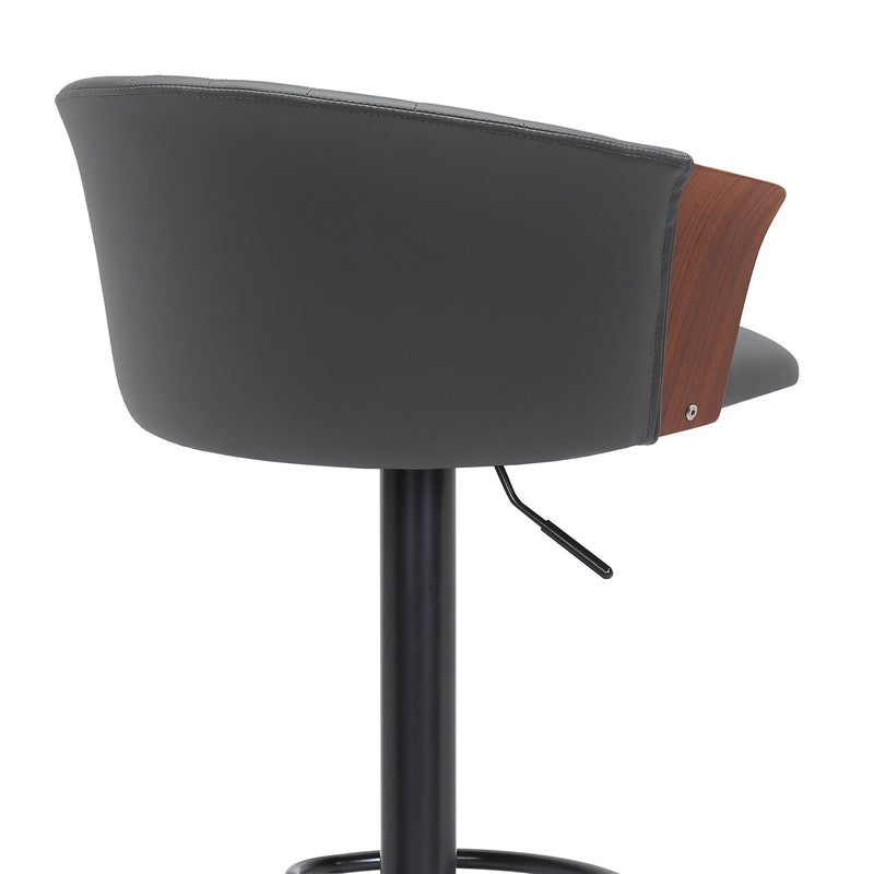 Lydia Adjustable Walnut Wood Bar Stool in Gray Faux Leather with Black Metal - Furniture City (CA)l