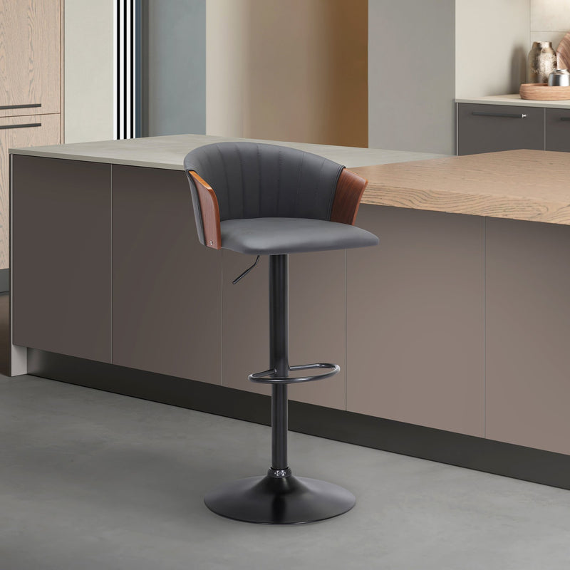 Lydia Adjustable Walnut Wood Bar Stool in Gray Faux Leather with Black Metal - Furniture City (CA)l