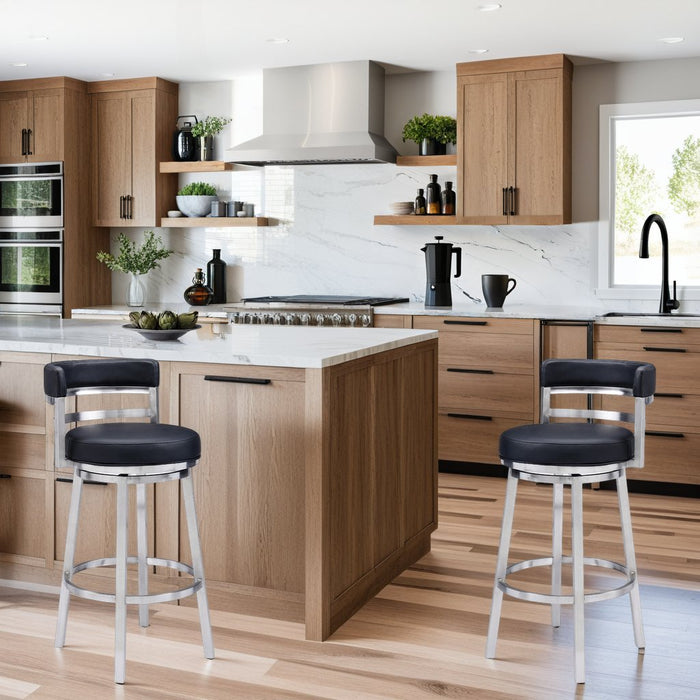 Madrid 26" Counter Height Swivel Black Faux Leather and Brushed Stainless Steel Bar Stool