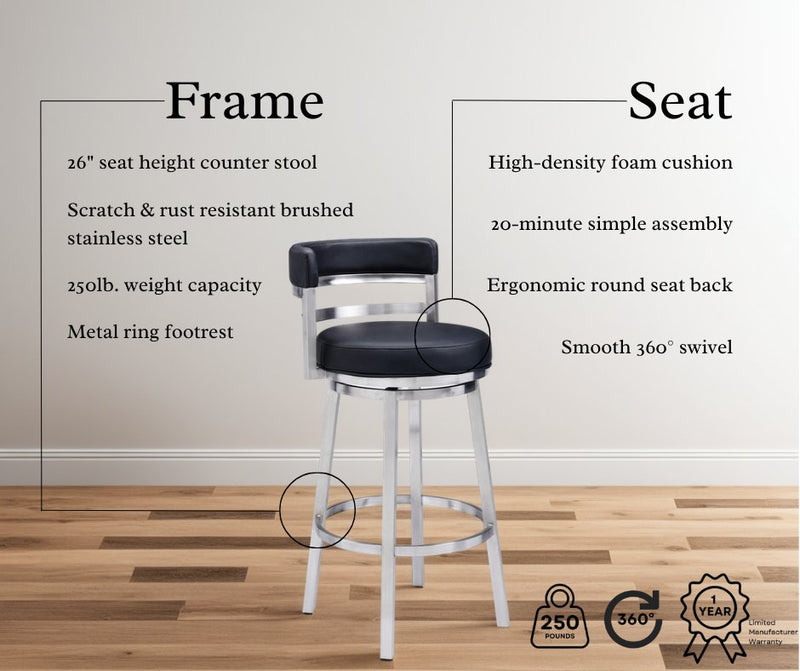 Madrid 26" Counter Height Swivel Black Faux Leather and Brushed Stainless Steel Bar Stool - Furniture City (CA)l
