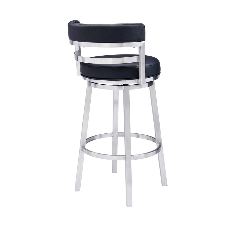Madrid 30" Bar Height Swivel Black Faux Leather and Brushed Stainless Steel Bar Stool - Furniture City (CA)l