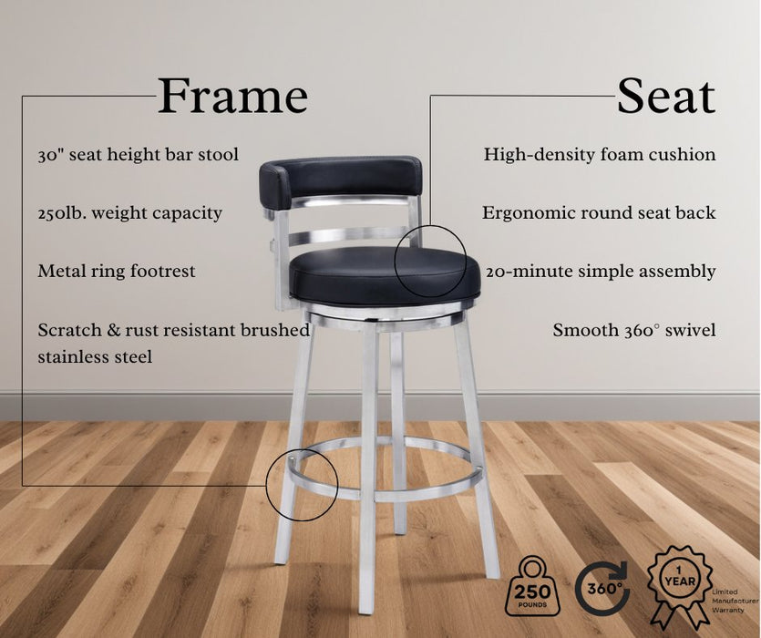 Madrid 30" Bar Height Swivel Black Faux Leather and Brushed Stainless Steel Bar Stool