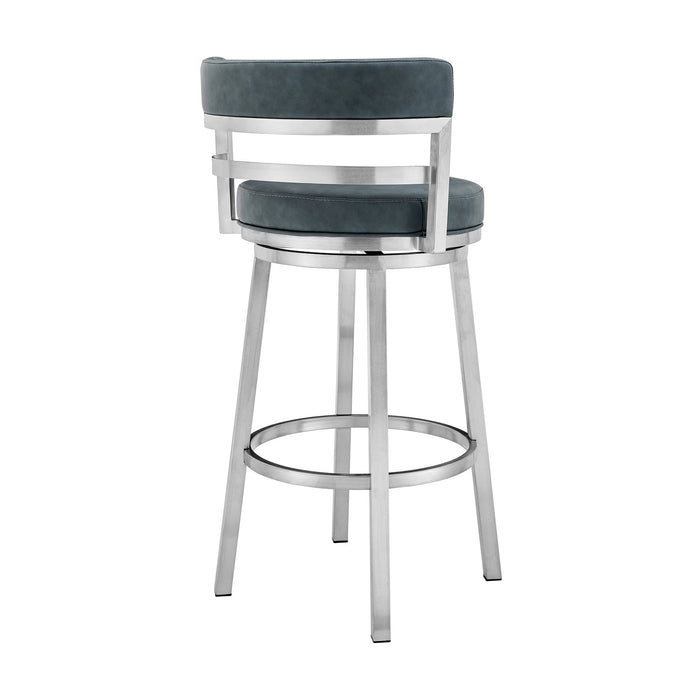 Madrid 26" Counter Height Swivel Blue Faux Leather and Brushed Stainless Steel Bar Stool