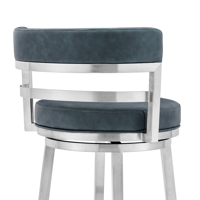 Madrid 26" Counter Height Swivel Blue Faux Leather and Brushed Stainless Steel Bar Stool