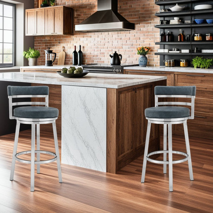 Madrid 26" Counter Height Swivel Blue Faux Leather and Brushed Stainless Steel Bar Stool