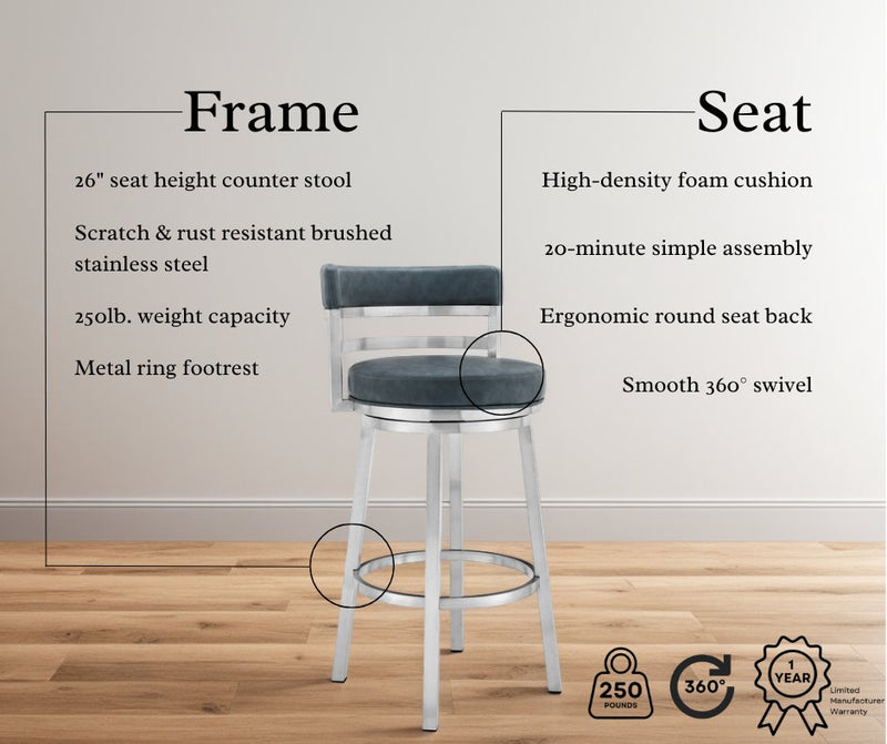 Madrid 26" Counter Height Swivel Blue Faux Leather and Brushed Stainless Steel Bar Stool - Furniture City (CA)l
