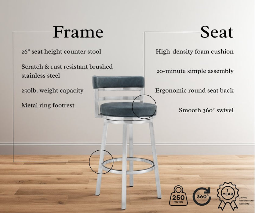 Madrid 26" Counter Height Swivel Blue Faux Leather and Brushed Stainless Steel Bar Stool