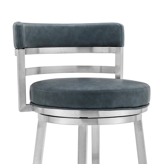 Madrid 30" Bar Height Swivel Blue Faux Leather and Brushed Stainless Steel Bar Stool