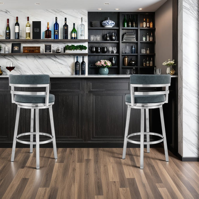 Madrid 30" Bar Height Swivel Blue Faux Leather and Brushed Stainless Steel Bar Stool
