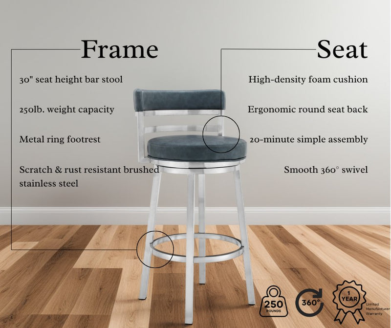 Madrid 30" Bar Height Swivel Blue Faux Leather and Brushed Stainless Steel Bar Stool - Furniture City (CA)l