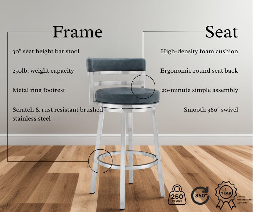 Madrid 30" Bar Height Swivel Blue Faux Leather and Brushed Stainless Steel Bar Stool