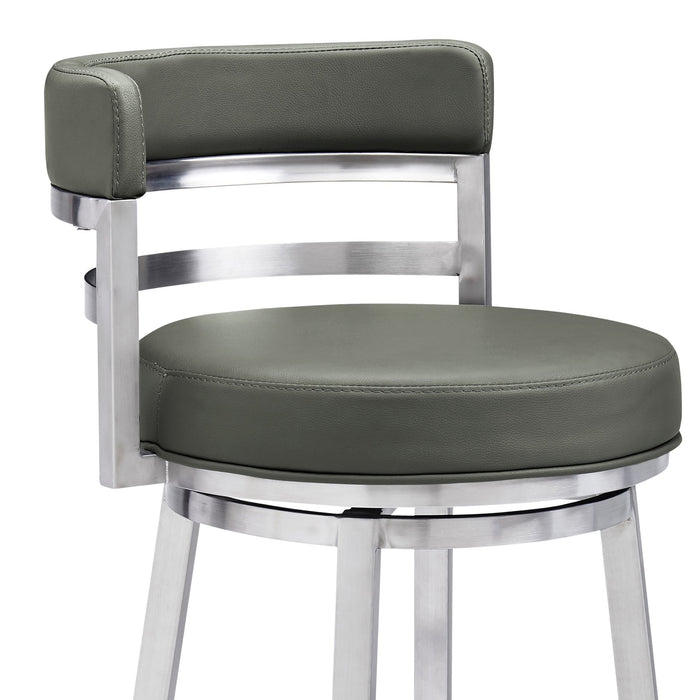 Madrid 26" Counter Height Swivel Gray Faux Leather and Brushed Stainless Steel Bar Stool