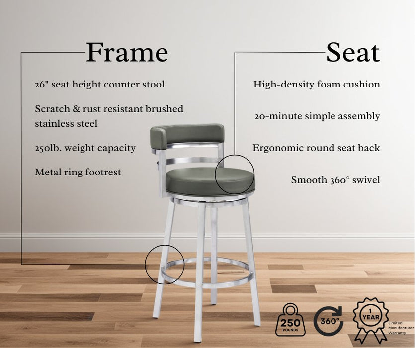 Madrid 26" Counter Height Swivel Gray Faux Leather and Brushed Stainless Steel Bar Stool